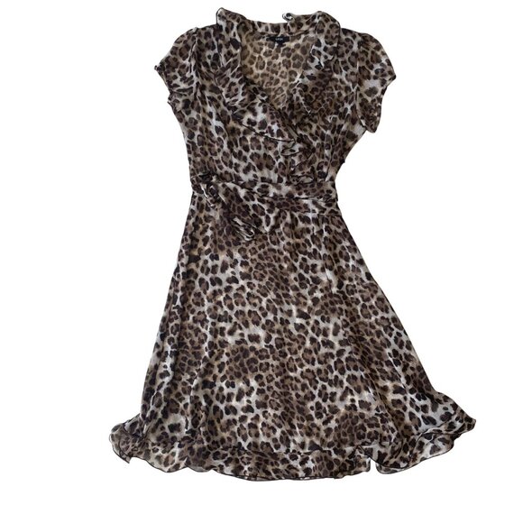 MSK Faux Wrap  Leopard  Cheetah Print Dress Size 14 – Sheer Ruffle A-Line Trendy - Picture 1 of 10
